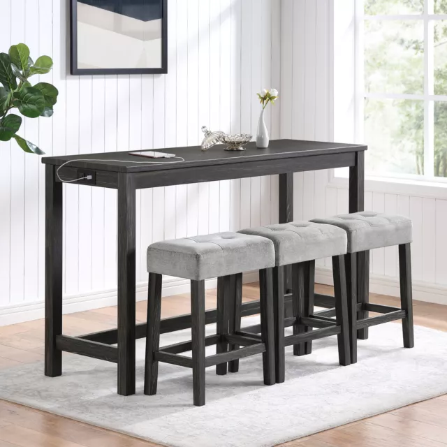 Bar Table Set with Power Outlet, 4 Piece Dining Set, Industrial Style