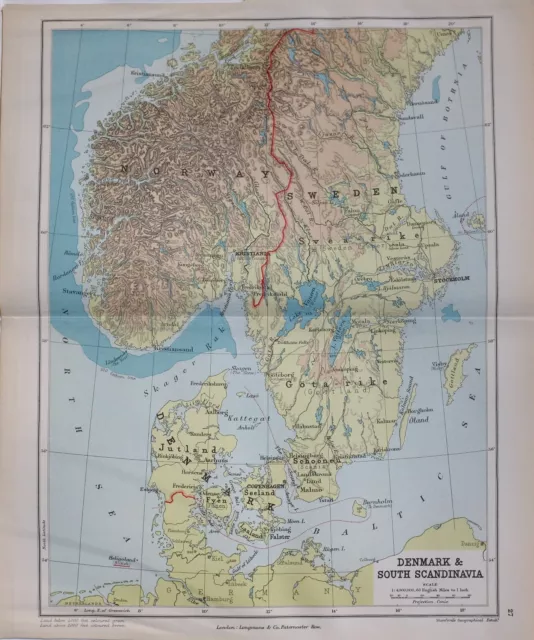 1889 Map Denmark & South Scandinavia Norway Sweden Hota-Rike Kristiania