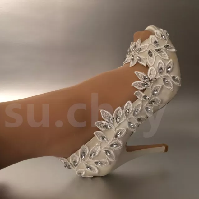 su.cheny 3" 4" heel white ivory lace Olive branch open toe Wedding Bridal shoes