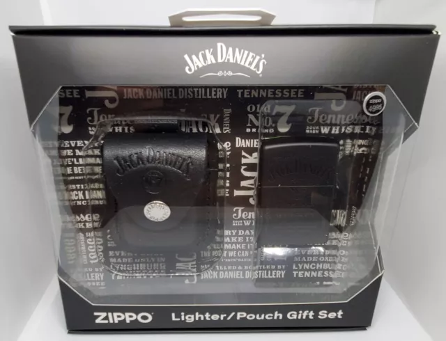 Zippo Jack Daniels Lighter / Leather Pouch Gift Set Matte Black On Black # 48460