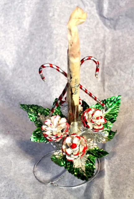 Vtg Nos Xmas Tabletop Decoration, Mercury Glass Candle, Pinecones, Green Leaves