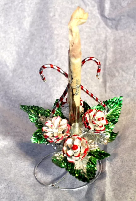 Vtg Nos Xmas Tabletop Decoration, Mercury Glass Candle, Pinecones, Green Leaves