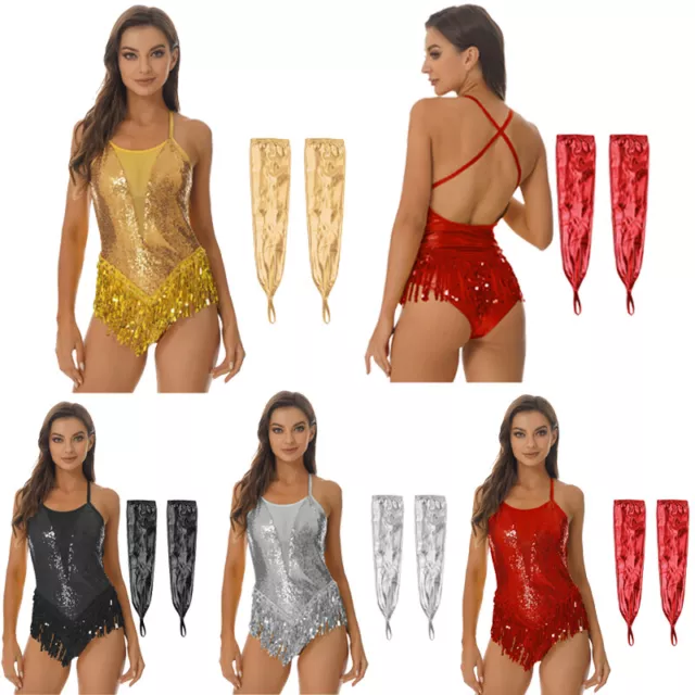 Womens Bodysuit Dance Leotard Ballroom Outfit Sequins Dancewear Fringed Set 3