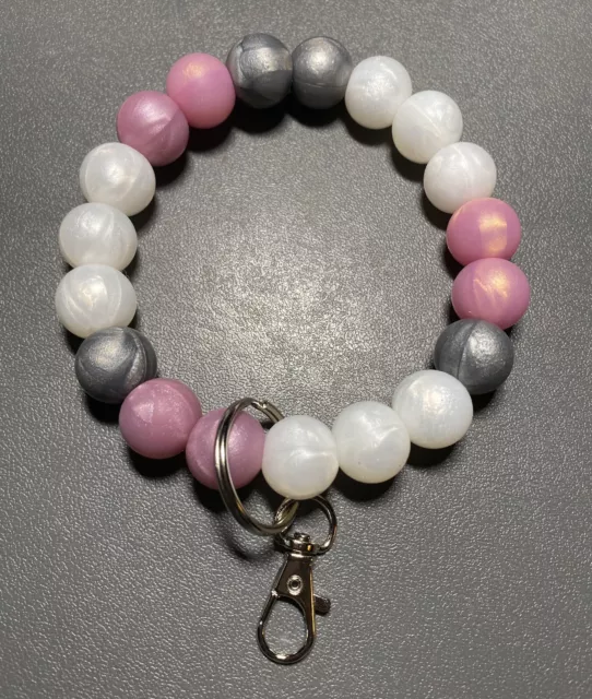 Handmade Silicone Beaded Wristlet Bracelet Keychain Purse Charm Pink Gray