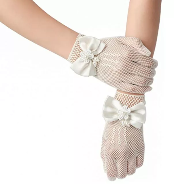 Kids Girls Size Flower Lace Bow Princess Pageant Gloves for Children 3 Colors