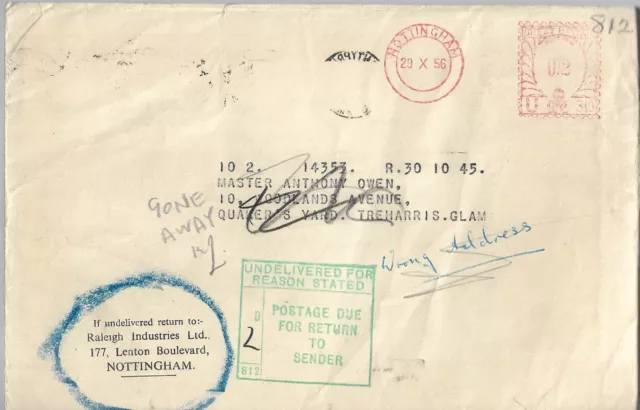 2d POSTAGE DUE BOXED CACHET ON 1956 TYPED COVER FROM NOTTINGHAM REF 1484