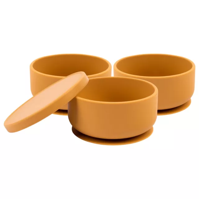 3x Tiny Dining Ochre Silicone Baby Suction Bowls with Lid Toddler Feeding Set