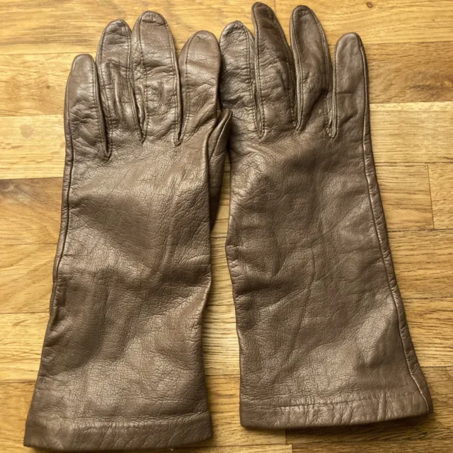 Vintage Aris Womens Fine Genuine Leather Gloves Brown Sz 7.5 Silk Lined