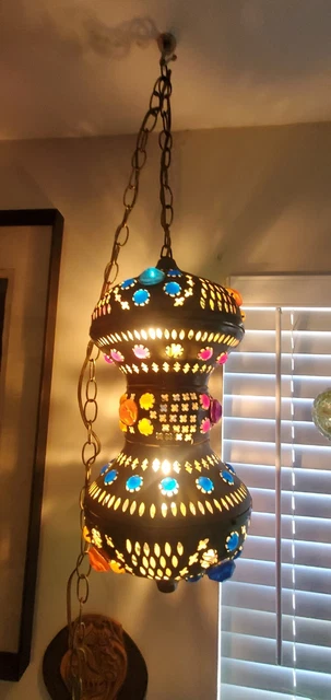 VINTAGE BRASS MOROCCAN LAMP PIERCED  Multicolored JEWELED
