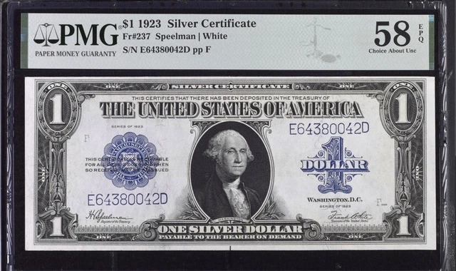 Silver Certificate, $1 1923 Large Size PMG 58 EPQ About Unc
