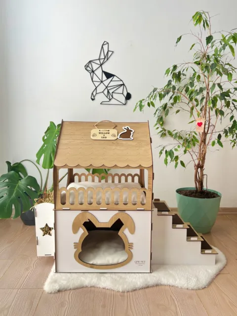Casa de madera para conejos, casa para conejos de dos pisos, modelo alimentador de heno, muebles para conejos