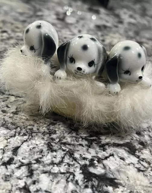 Adorable Vintage Ceramic Puppies In Basket With Fur Trim Made In Japan