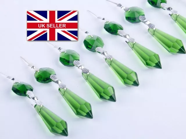 5 Green Chandelier  Glass Crystals Sun Catcher Leaf Drops Prisms Garden Droplet