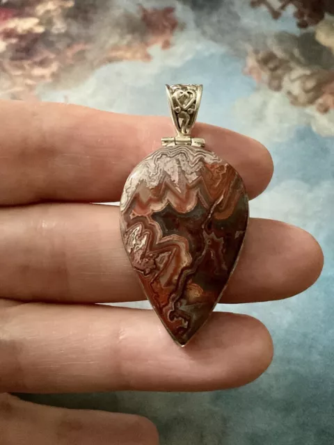 Énorme Ancien Pendentif En Agate Véritable Et Argent Massif, Très Beau