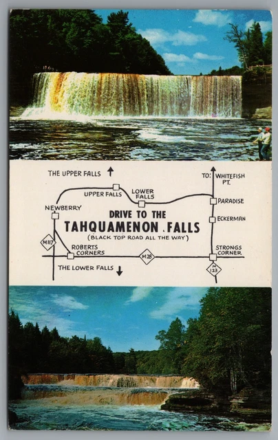 Michigan Drive to the Tahquamenon Falls c1961 Dual View Map Postcard