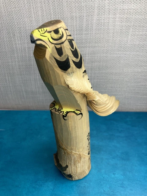 Sasano Ittobori Signed Japanese CARVED CURLED WOOD BIRD HAWK EAGLE 8" vintage