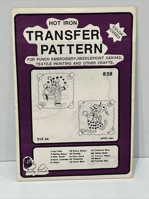 Payasos Pretty Punch Hierro Caliente Patrón de Transferencia Codificado por Color Vintage #838