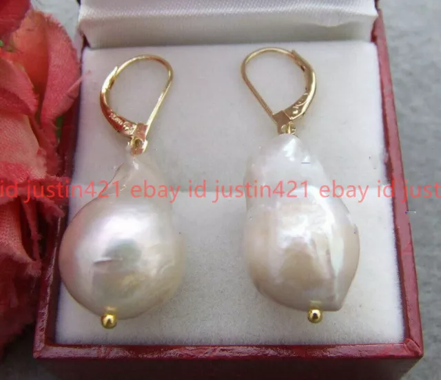 Real Huge 14x21mm South Sea White Kehsi Baroque Pearl Gold Dangle Earrings AAA