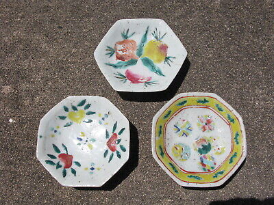 3 Antique small Chinese Porcelain footed dishes / compotes hand enameled 19thC
