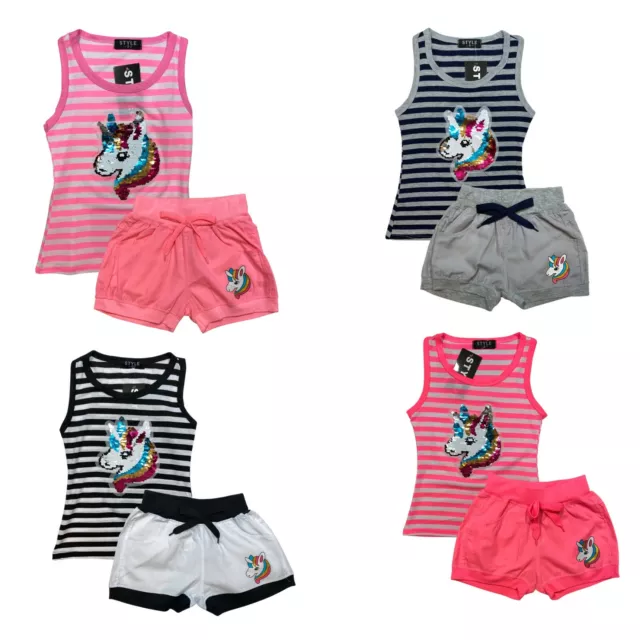 Girls Kids Short Sleeve Set Outfit Unicorn Sequin Summer Top Shorts 2 Piece Set