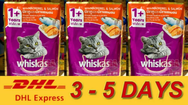 3 x Whiskas Cat Wet Food Pouch 1 Y+ Adult Cat Mackerel and Salmon Fish 85g.