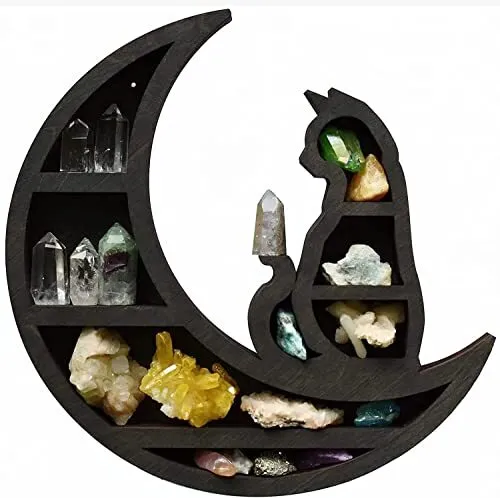Cat on The Moon Crystal Wood Shelf, Wooden Crystal Display Shelf, Moon Cat