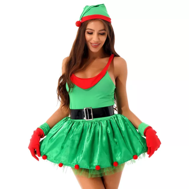 Ladies Sexy Elf Costume Santas Little Helper Adult Christmas Fancy Dress Outfit