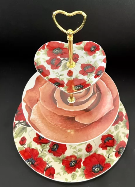 Beautiful Red Poppy And Rose Large 3-tiered Cake Stand, Heritage England