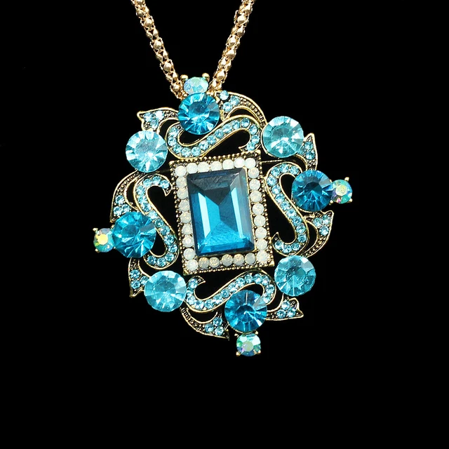 Blue Crystal Square Flower Betsey Johnson Pendant Chain Necklace/Brooch Pin Gift