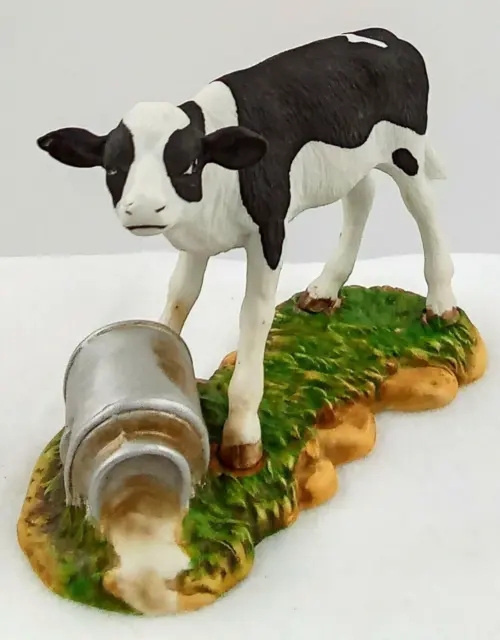 Homco Cow Figurine #1437 Milk Can Spilled Black White Silver Green Tan 3.5x5.25