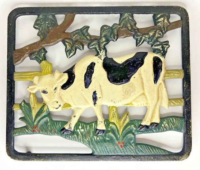 CAST IRON BLACK and White Dairy Cow Decorative Painted Kitchen Trivet