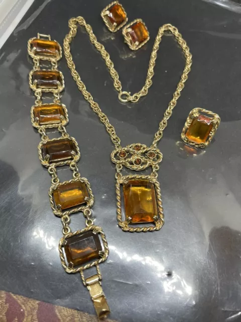VTG GoldTone Sarah Coventry Yellow Citrine Glass Ring/Earrings/necklace/bracelet