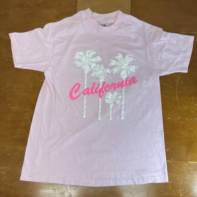VTG Hanes Shirt Mens Large Pink California Palm Trees Beefy T Pink Short Sleeve