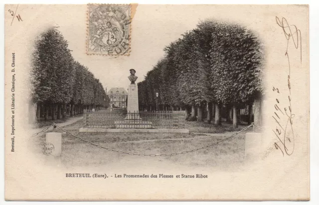 BRETEUIL - Eure - CPA 27 - les promenades des Plesses et Statue Ribot