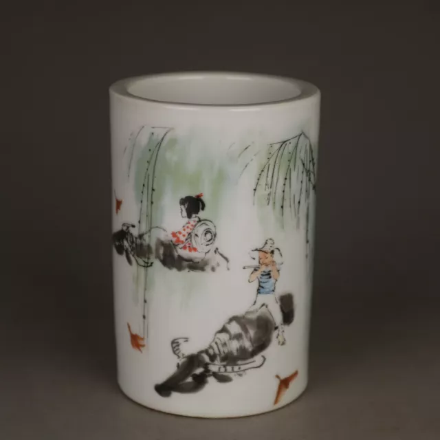 Chinese Porcelain Jingdezhen Famille Rose Shepherd Boy Brush Pots 4.72 Inch