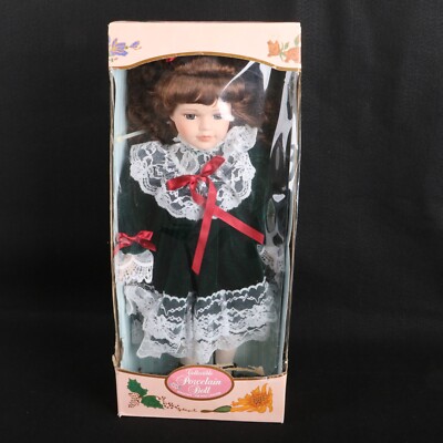 Kingstate Doll Porcelain Green Dress White Lace Brown Hair In Box Red Bow