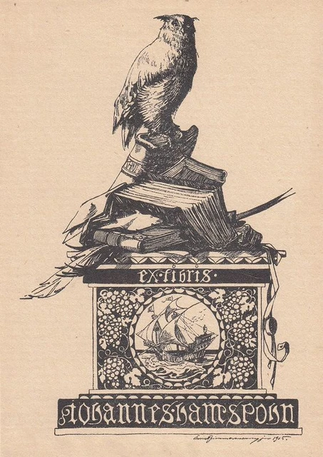 Exlibris Bookplate Klischee Ernst Reinhard Zimmermann 1881-1939 Eule Segelschiff
