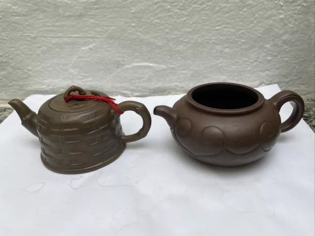 Vintage Chinese Zisha Tea Pots Lot of  Two Hand Made Clay Signed Mark Estate