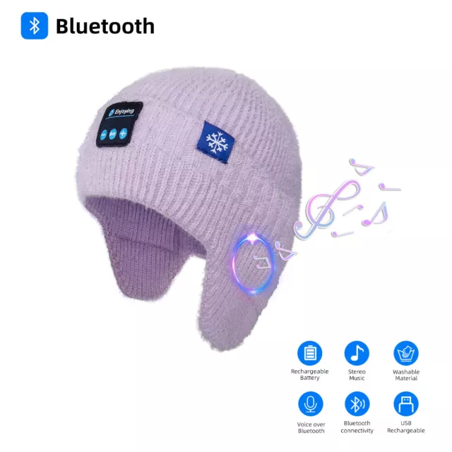 Unisex Bluetooth 5.0 Wireless Winter Warm Knit Hat Smart Cap Headset w/Ear Flaps