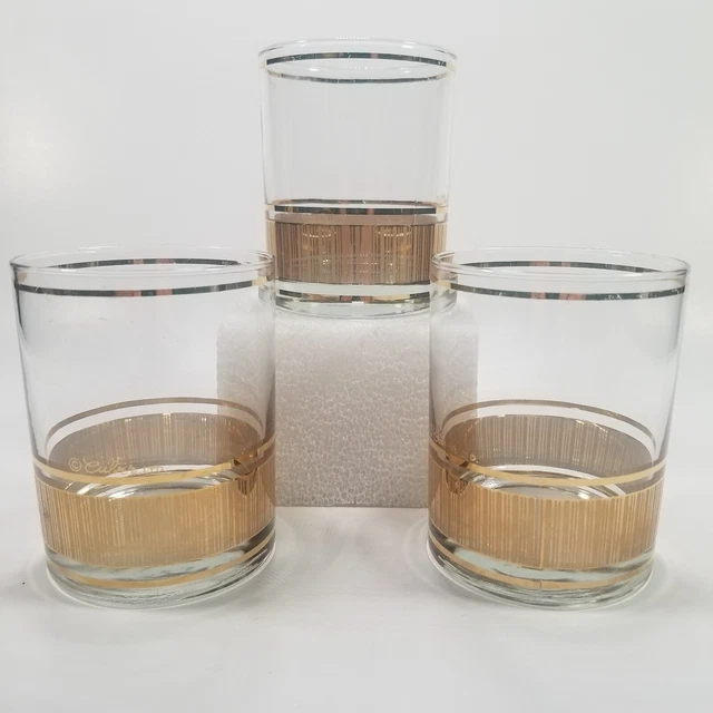 CULVER Double Old Fashion Glasses Rocks MCM 22K Gold Band Vertical Set Of 3