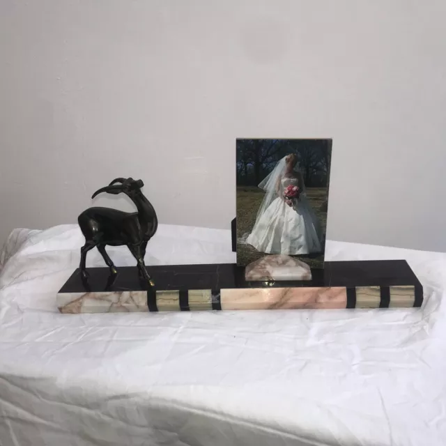16” Antique French Art deco Stag Picture Frame Holder marble Brass￼ statue deer