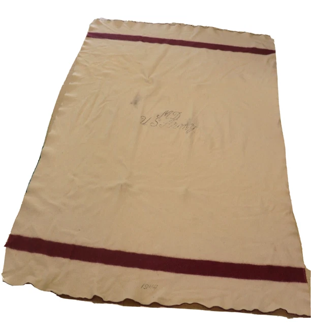 Vintage 1944 WW2 U.S. Army Wool M.D. Hospital Blanket 74" X 45" Red Stripes