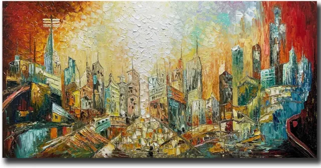 Art Oil Painting On Canvas Landscape City Abstract Modern Large Framed 24x48