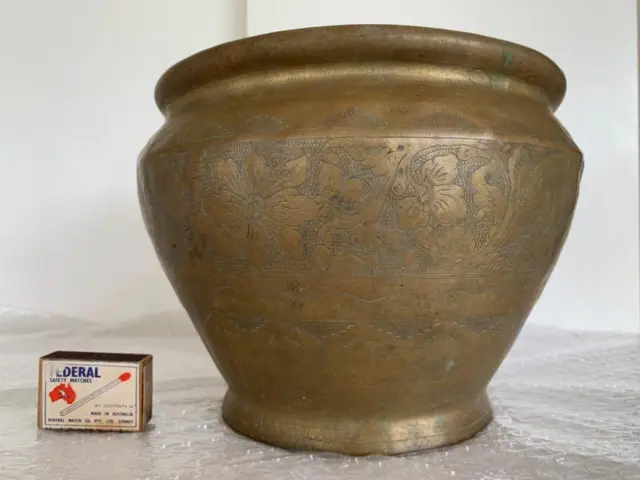 Vintage Solid Brass Pot Planter Decorative Etching Design Has A Tiny Hole