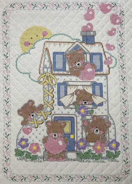 Vintage Finished Cross Stitch Baby Quilt or Wall Hanging Baby Bears Live in Shoe