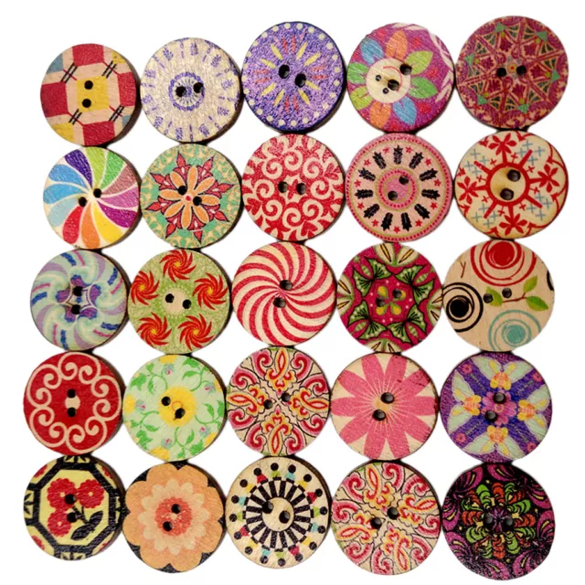 Pack of 100 Mixed Random Flower Round 2 Holes Wood Wooden Buttons for Sewing