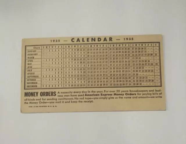 Vintage 1935 Calendar Card American Express Money Orders Ink Blotter UNUSED