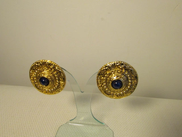 Boucles D'oreilles Vintage Édouard Rambaud - Métal Doré Et Lapis-lazuli - Clips - Bon état