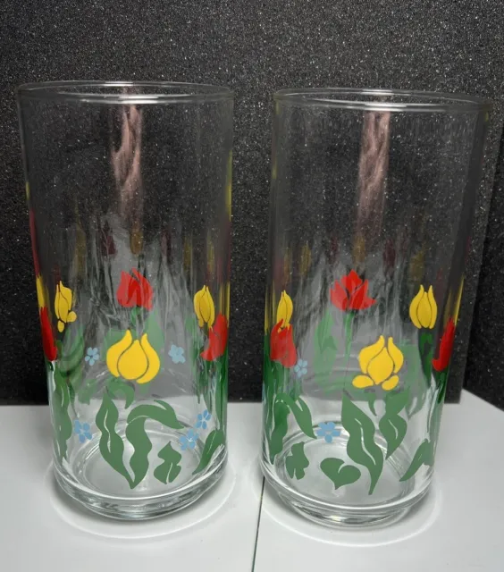 Pair of Glass 6.125" Tumbler Drinking Glasses Red & Yellow Tulips Weighted Base