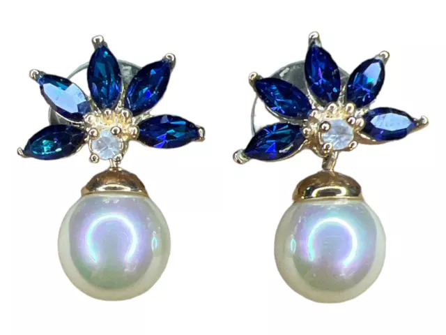 Vintage Roman Post Earrings Pearl & Simulated Sapphires Half Flower/Star Design